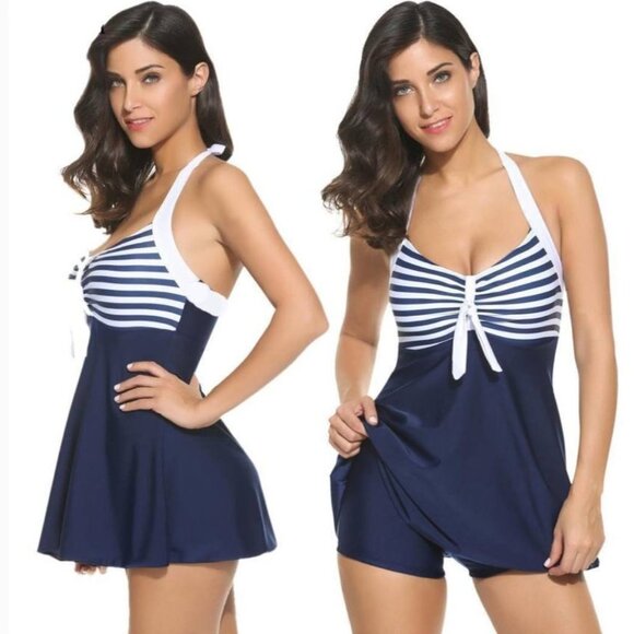 NWT Cocoship Vintage Sailor Pin Up Swimsuit Retro One Piece‎ Skirt Dress XL - Picture 1 of 6